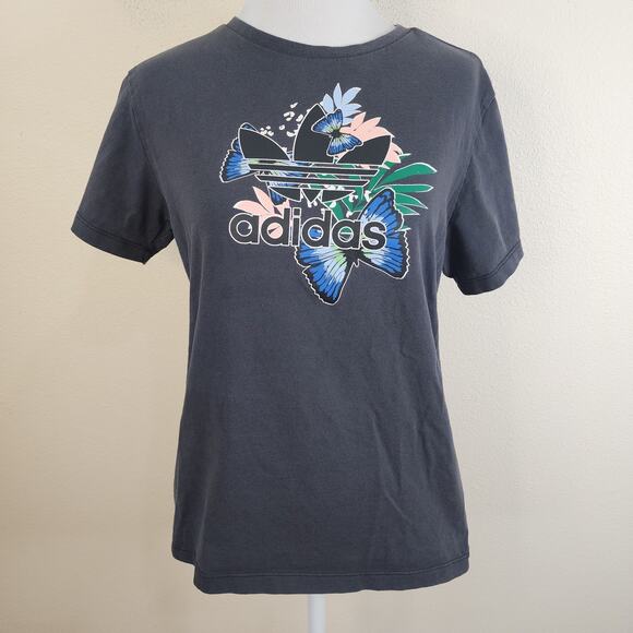 Adidas Her Studio London Floral Short Sleeve T Shirt Girl's Size Large Gray - Picture 1 of 7